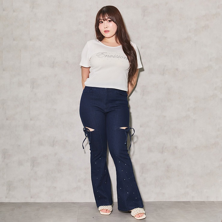 レディース【67～84cm】 サイドカットラインストーンフレアパンツ