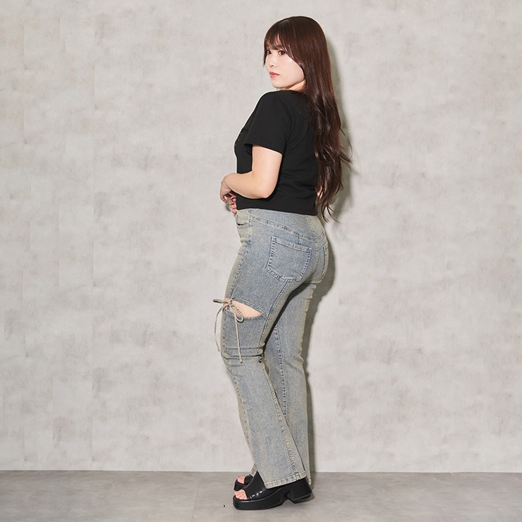 レディース【67～84cm】 サイドカットラインストーンフレアパンツ