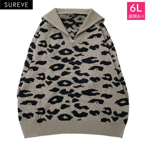 レディース【4L～6L】　ヒョウ柄ニットワンピース（SUREVE）