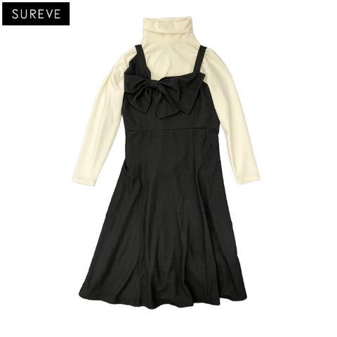 レディース　リボンジャンパースカート+リブプルオーバーセット（SUREVE）