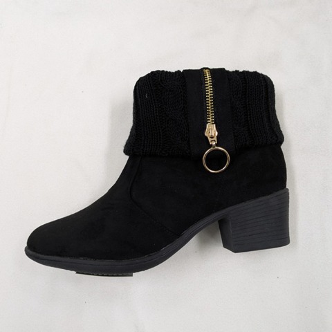 レディース【M～3L】　防滑ジップ使いニットショートブーツ