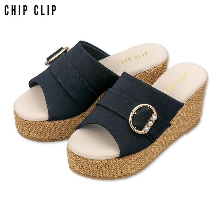 レディース【M～LL】 ビジューバックルウエッジサンダル（CHIP CLIP