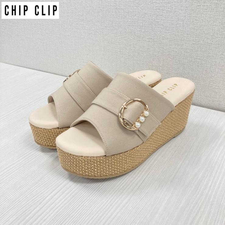 レディース【M～LL】 ビジューバックルウエッジサンダル（CHIP CLIP