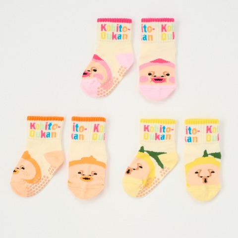 ベビー　3足組クルーソックス（12～15cm・カクレモモジリ・レモンスマシ・ミカンキツケ）