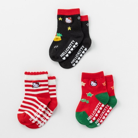 ベビー　クルー丈ソックス3足組（9-15cm・ハローキティ）