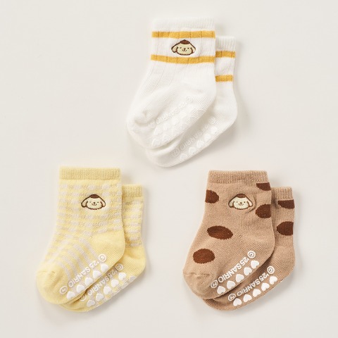 ベビー　クルー丈ソックス3足組（9-15cm・ポムポムプリン）
