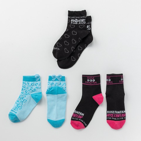 キッズ　3足組クルーソックス（15-20cm　ROSE FAN FAN）