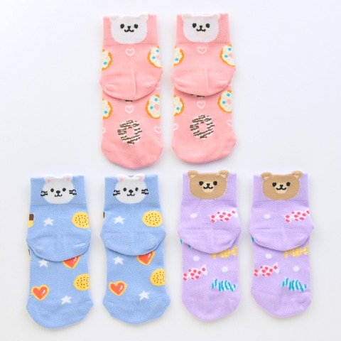 キッズ　3足組ショートクルーソックス（15-20cm・ポリジン）