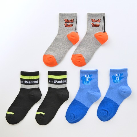 ジュニア　3足組ショートクルーソックス（19-24cm・ポリジン）