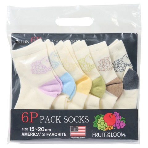 キッズ　6足組ショートクルーソックス（15～20cm　FRUIT OF THE LOOM）