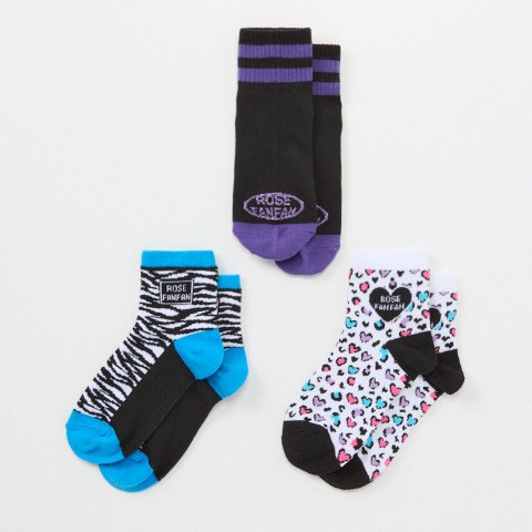 ジュニア　3足組クルーソックス（19-24cm　ROSE FAN FAN）