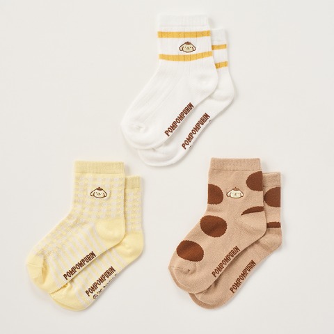 キッズ　クルーソックス3足組（15-20cm・ポムポムプリン）