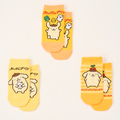 キッズ　スニーカーソックス3足組（15-20cm・ポムポムプリン）