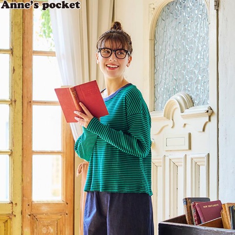 レディース　リブボーダー長袖Tシャツ (Anne's Pocket)