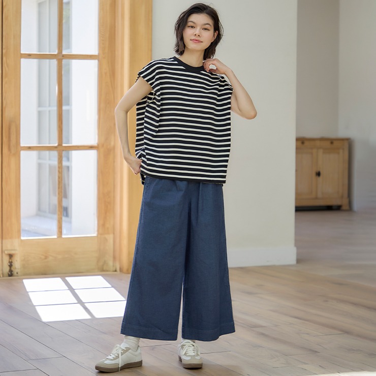 レディース ボーダー柄フレンチスリーブTシャツ（Anne'sPocket