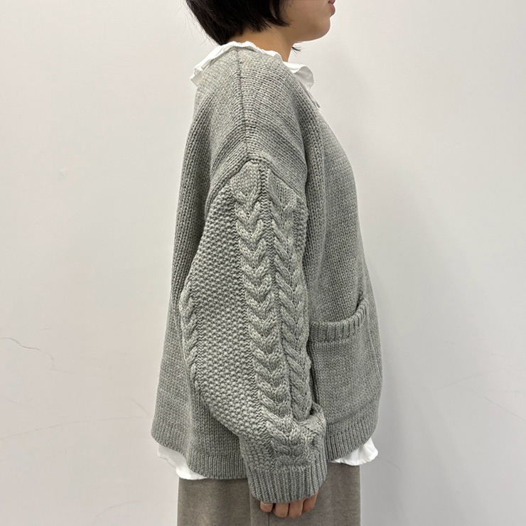 レディース 袖ケーブルニットカーディガン（西岡優花×Mushroom