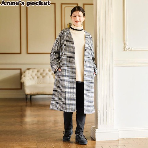 レディース　Vネックチェック柄コート（Anne’s pocket）