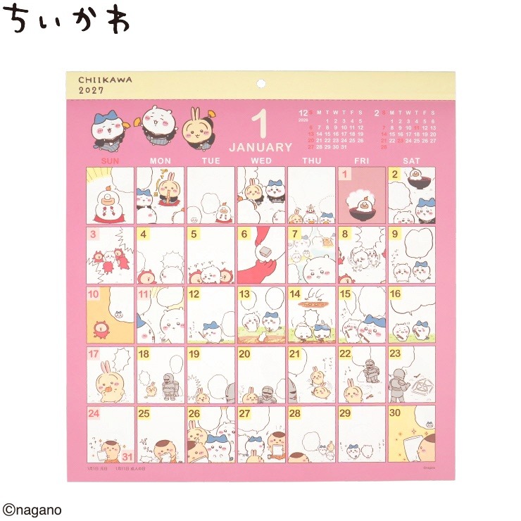 しまむらパークの「2027年 ちいかわ コミックデザイン カレンダー」の公式商品画像。日付のマスにちいかわたちの絵が入った壁掛けカレンダー
