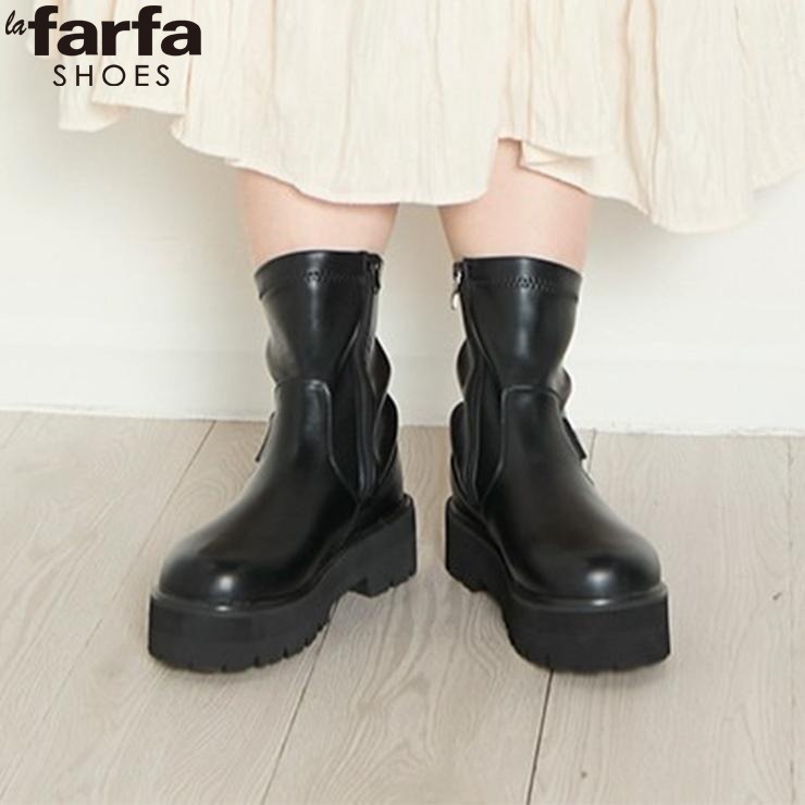 AGL 厚底 ストレッチブーツ ブラック レディース 厚底ストレッチショートブーツ（la farfa SHOES