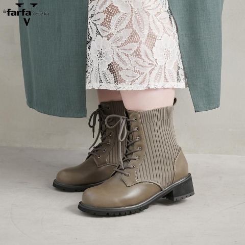 レディース　ニット使いレースアップショートブーツ（la farfa SHOES)