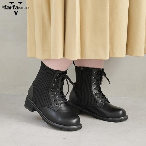 レディース　ニット使いレースアップショートブーツ（la farfa SHOES)